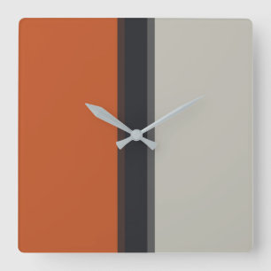 Modern Silver Grey Navy Orange Red Stripe Pattern Square Wall Clock