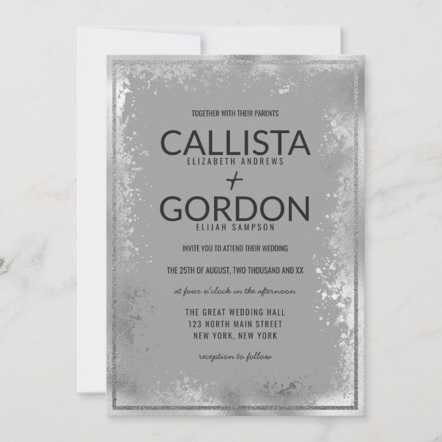 Modern Silver Grey Splatter Glitter Border Wedding Invitation (Front)