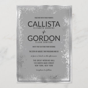 Modern Silver Grey Splatter Glitter Border Wedding Invitation