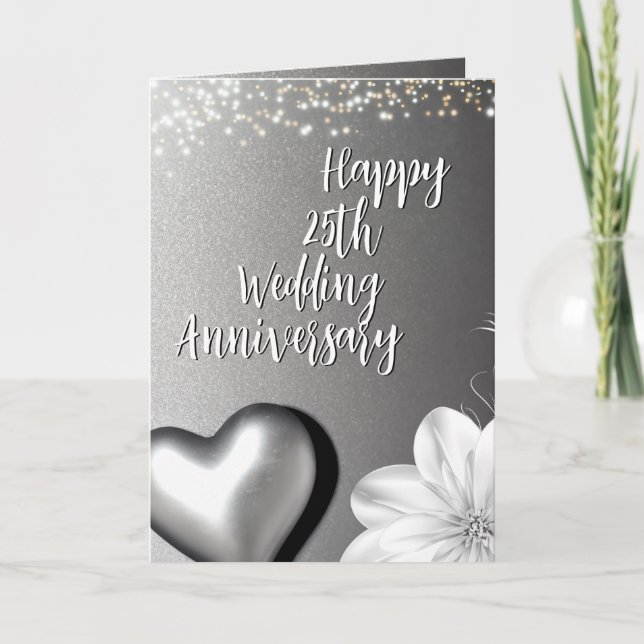 Modern Silver Heart 25th Wedding Anniversary Card (Front)