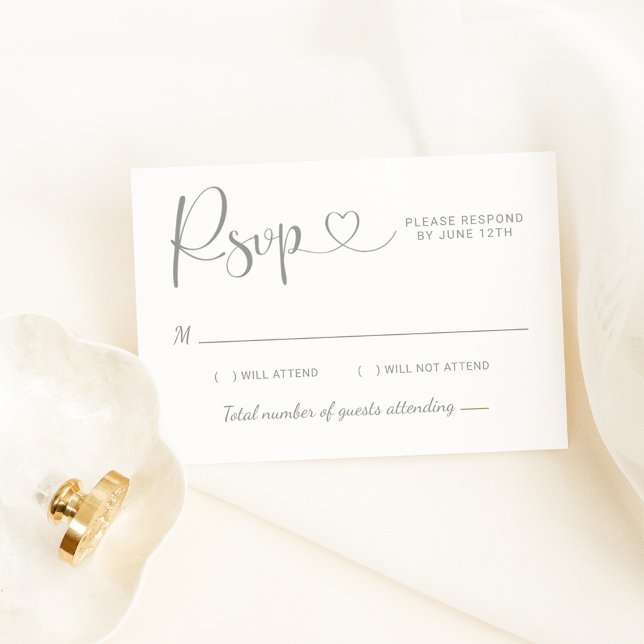 Modern Silver Heart Calligraphy Script Wedding RSVP Card (Creator Uploaded)