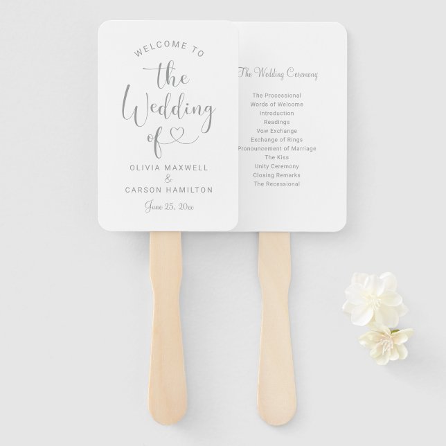 Modern Silver Heart Script Program Hand Fan (Front and Back)