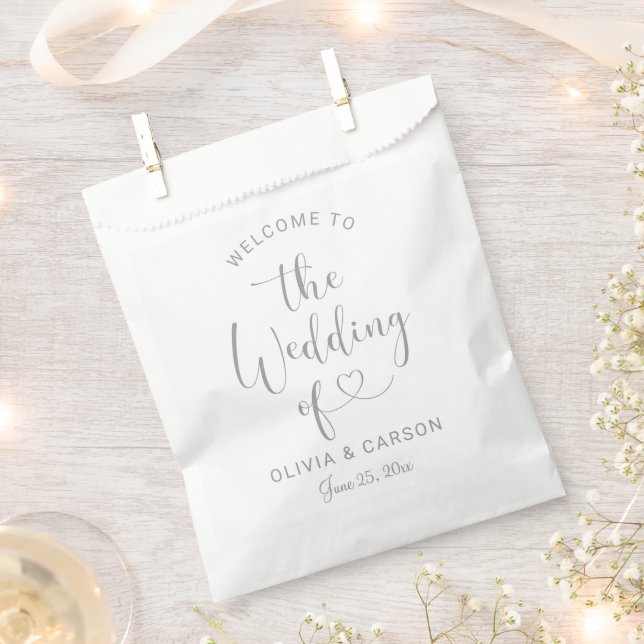 Modern Silver Heart Script Wedding Welcome Favour Bag (Clipped)