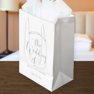 Modern Silver Heart Script Welcome Wedding Medium Gift Bag