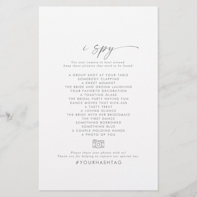 Modern Silver I Spy Wedding Photo Scavenger Hunt Flyer (Front)