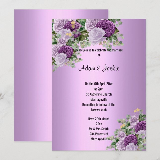 Modern Silver Lilac Purple floral ELEGANT WEDDING Invitation (Front/Back)