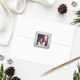 Modern Silver Love Script Custom Couple Photo Square Sticker