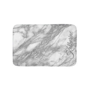 Modern Silver Marble Texture With Your Name Bath Mat