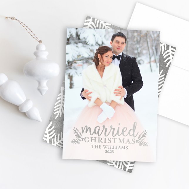 Modern Silver Married Christmas Wedding Photo Holiday Card (Creator Uploaded)