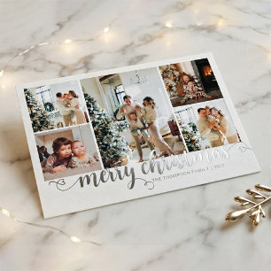 Modern Silver Merry Christmas Heart Script 5 Photo Foil Holiday Card