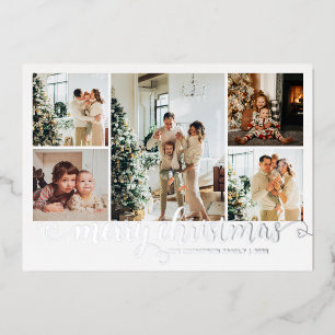 Modern Silver Merry Christmas Heart Script 5 Photo Foil Holiday Card