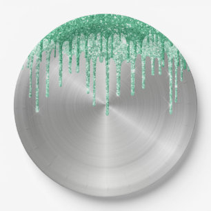 Modern Silver Metal Green Glitter Drips Paper Plate