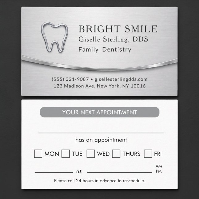 Modern Silver Metallic Dentist Appointment Card (Creator Uploaded)