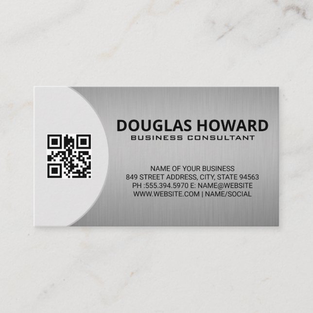 Modern Silver Metallic | QR  Business Card (Front)