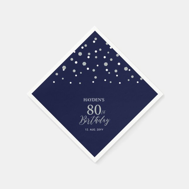 Modern Silver & Navy Blue 80th Birthday Party Napkin (Corner)