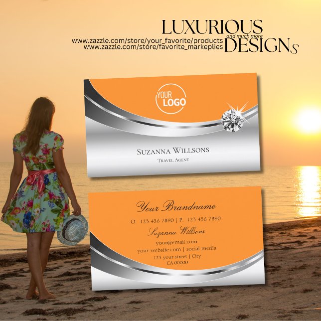 Modern Silver Orange with Logo and Sparkle Diamond Business Card (Creator Uploaded)