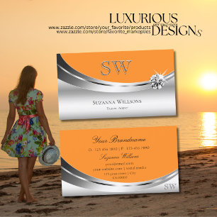 Modern Silver Orange with Monogram Sparkle Diamond Business Card
