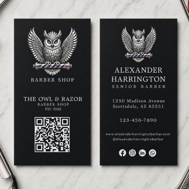 Modern Silver Owl Barber Shop Logo Qr Code Business Card (Creator Uploaded)