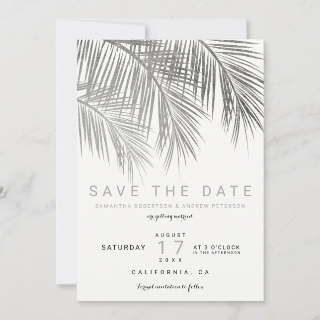 Modern silver palm tree elegant save the date (Front)