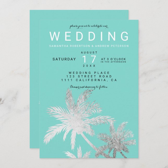 Modern silver palm trees teal elegant wedding invitation (Front/Back)