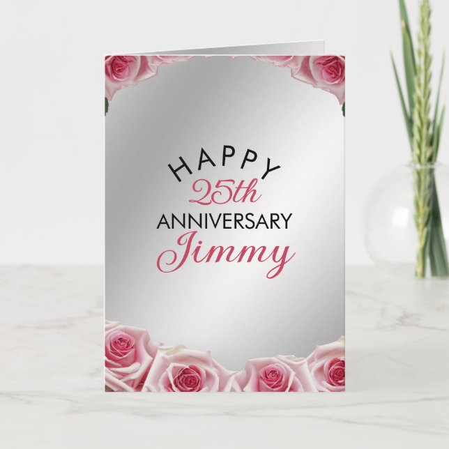Modern Silver Pink Roses Husband 25th Anniversary Card (Front)