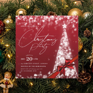 MODERN Silver Red Winter Christmas Tree Bow Party  Invitation