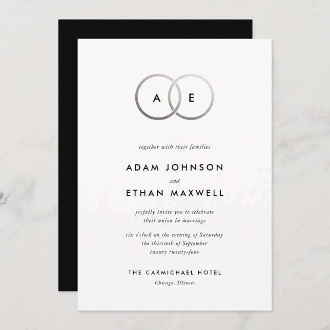 Modern Silver Rings Monogram Wedding Invitation (Front/Back)