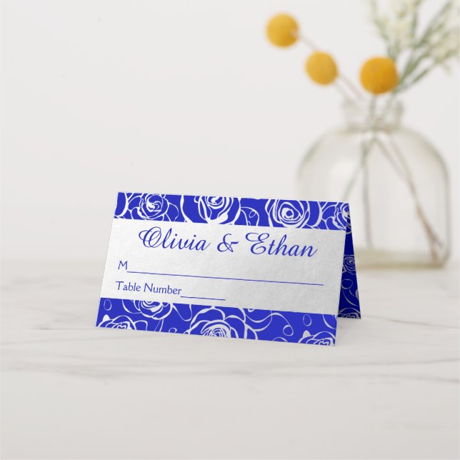 Modern Silver Roses on Royal Blue Place Card (Front)