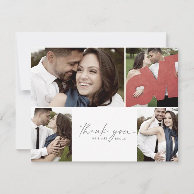 Modern Silver Script 4 Photo Collage Wedding Thank You Card (Front)