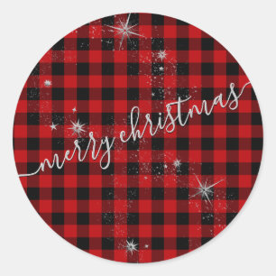 Modern Silver Script Buffalo Plaid Merry Christmas Classic Round Sticker