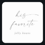 Modern Silver Script His Favourite Wedding Favour Square Sticker<br><div class="desc">These modern silver script his favourite wedding favour stickers are perfect for a minimalist wedding. The simple silver grey colour design features unique industrial lettering typography with modern boho style. Customizable in any colour. Keep the design minimal and elegant, as is, or personalize it by adding your own graphics and...</div>