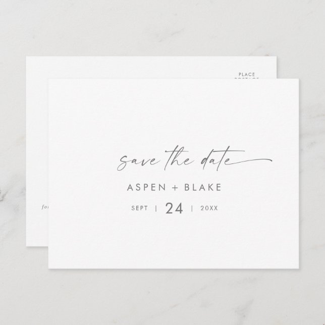 Modern Silver Script Horizontal Save the Date Invitation Postcard (Front/Back)