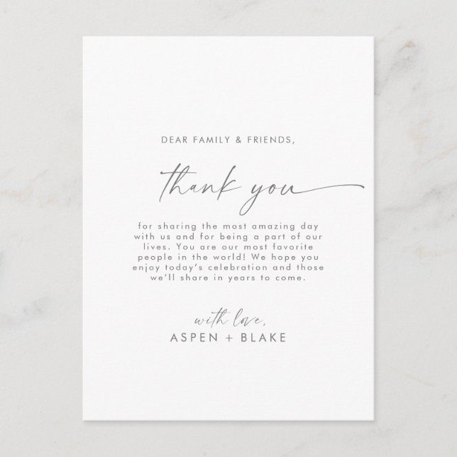 Modern Silver Script Thank You Reception Card (Front)
