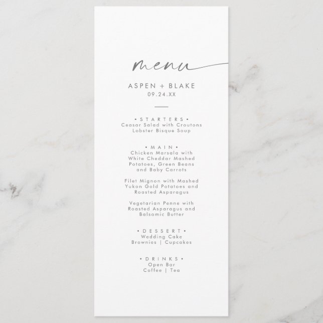 Modern Silver Script Wedding Dinner Menu (Front)