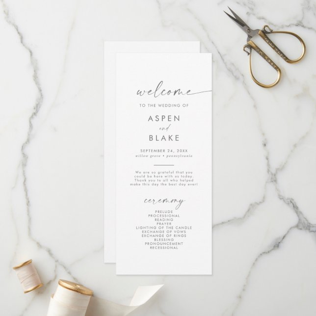Modern Silver Script Wedding Program (Front/Back In Situ)