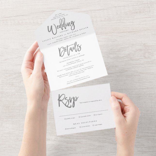 Modern Silver Script Wedding RSVP All In One Invitation (Tearaway)