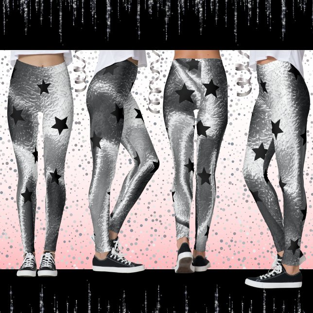 Modern Silver Shimmer Shadow Bold Black Stars Leggings (Cool, shimmer shiny bold star pattern leggings)