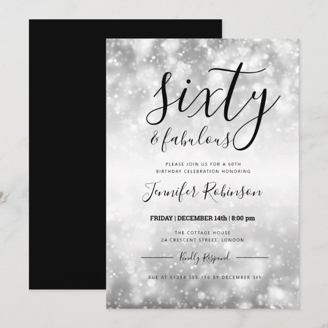 Modern Silver Sixty & Fabulous 60th Birthday Invitation (Front/Back)