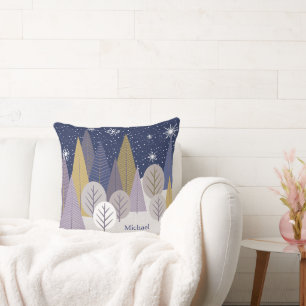 Modern Silver Snow and Purple Geometric Wood Throw Pillow