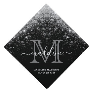 Modern Silver Sparkle Glitter Monogram Script Graduation Cap Topper