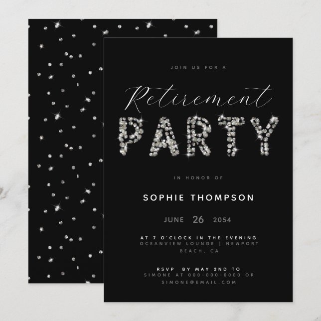 Modern Silver Sparkle Glitter Retirement Party Invitation (Front/Back)