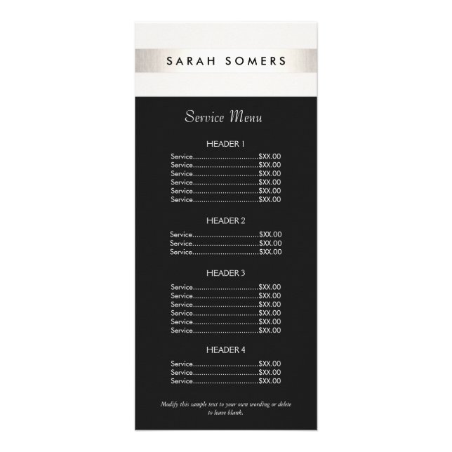 Modern Silver Striped Salon Black Price List Menu (Front)