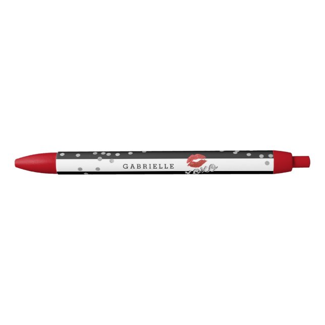 Modern, Silver, Stripes and Kisses Black Ink Pen (Front)