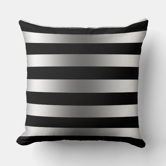 Modern Silver Stripes Black Background Throw Pillow (Front)