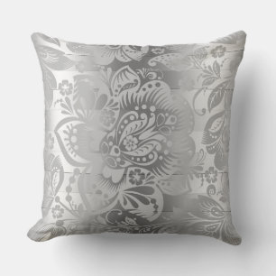 Modern Silver Stripes & Damask Pattern Throw Pillow