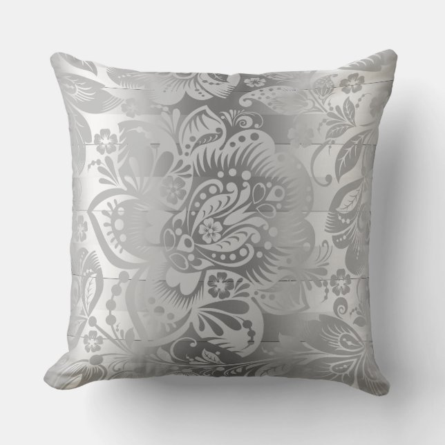 Modern Silver Stripes & Damask Pattern Throw Pillow (Front)