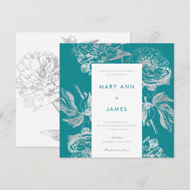 Modern Silver Teal Wedding Simple Floral Invitation (Front/Back)