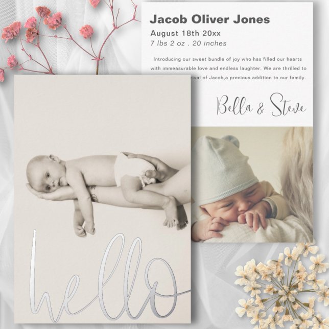 Modern Silver Text Hello Photo Baby Announcement (Creator Uploaded)
