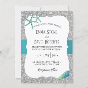 Modern Silver Turquoise Starfish Beach Wedding Invitation
