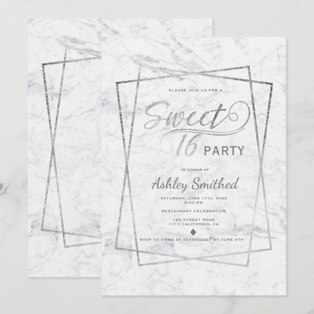 Modern silver typography marble Sweet 16 Invitation (Front/Back)